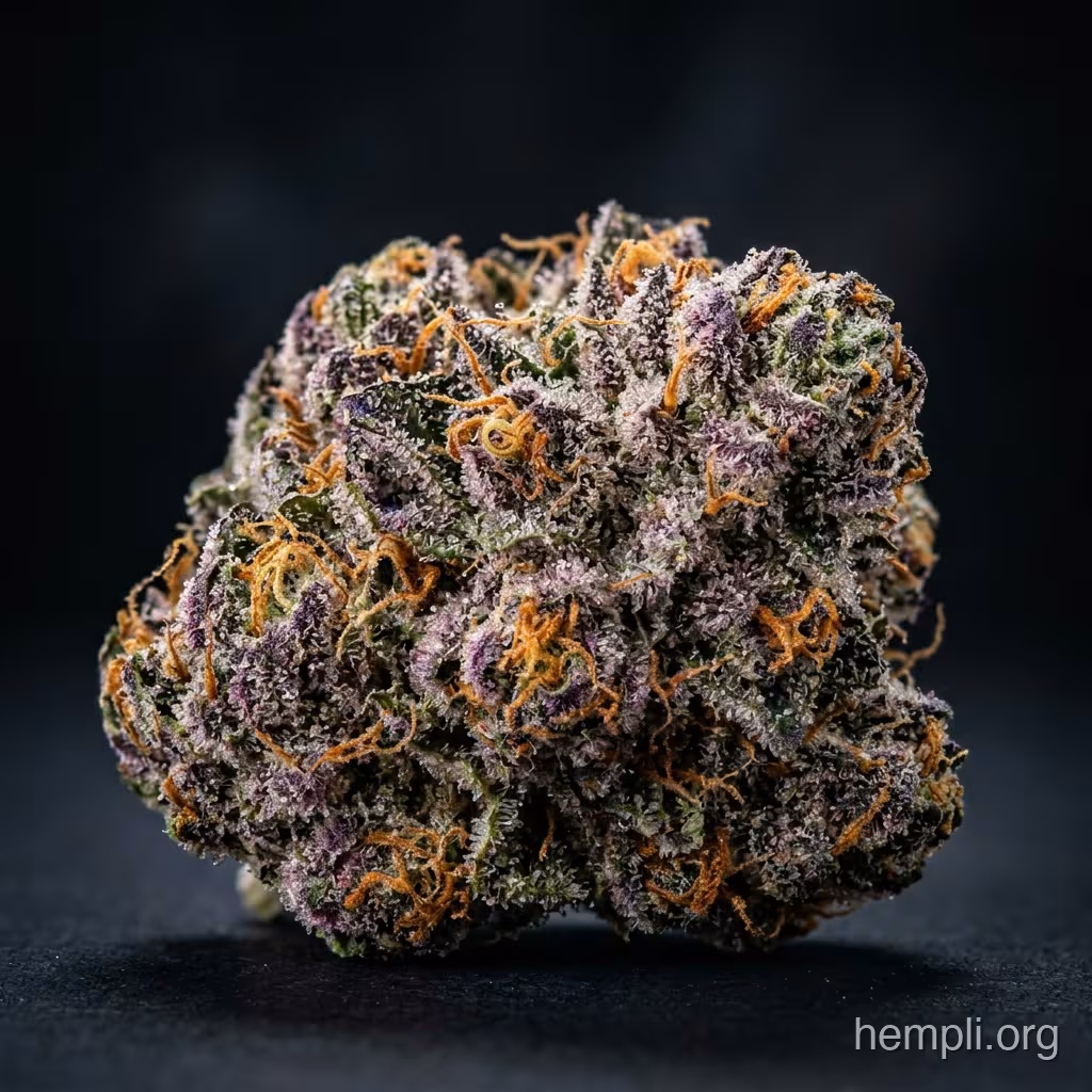 Nahaufnahme einer dichten, harzigen Gelato-Blüte mit violett-grünen Tönen, orangefarbenen Blütenstempeln und glasigen Trichomen