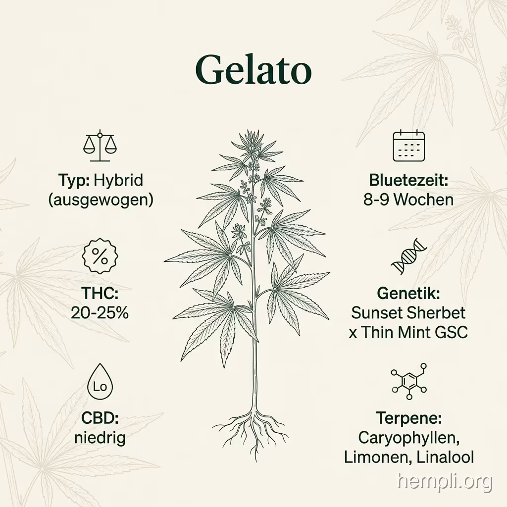 Infografik mit Gelato Key Facts: Typ ausgewogener Hybrid, THC 20-25%, Bluetezeit 8-9 Wochen, Genetik Sunset Sherbet x Thin Mint GSC und Terpene Caryophyllen, Limonen, Linalool