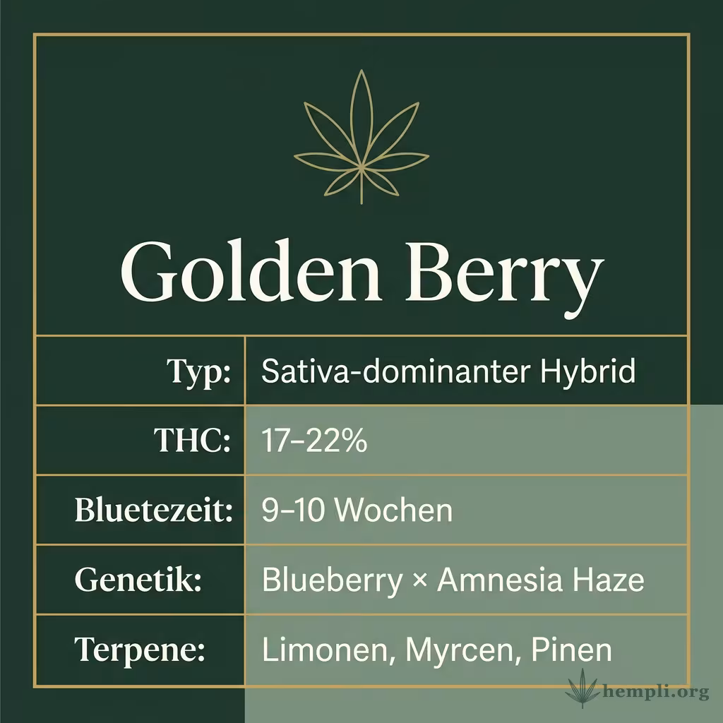 Infografik mit Golden Berry Key Facts: Typ Sativa-dominanter Hybrid, THC 17-22%, Bluetezeit 9-10 Wochen, Genetik Blueberry × Amnesia Haze und Terpene Limonen, Myrcen, Pinen