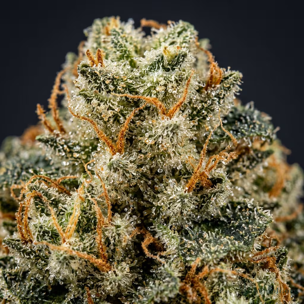 Nahaufnahme einer extrem harzigen Gorilla-Glue-Blüte mit klebrigen, glänzenden Trichomen, hellgrünen Tönen und orangefarbenen Blütenstempeln