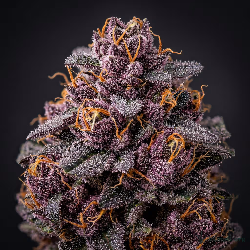 Nahaufnahme einer dichten, tiefvioletten Granddaddy-Purple-Blüte mit kräftigem Trichombesatz und orangefarbenen Blütenstempeln