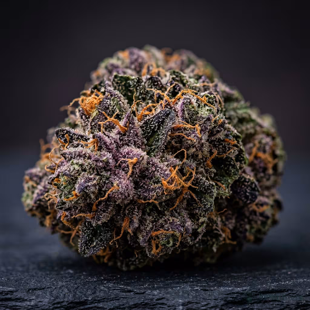 Nahaufnahme einer dichten, tief violetten Grape-Ape-Blüte mit harzigen Trichomen und orangefarbenen Blütenstempeln