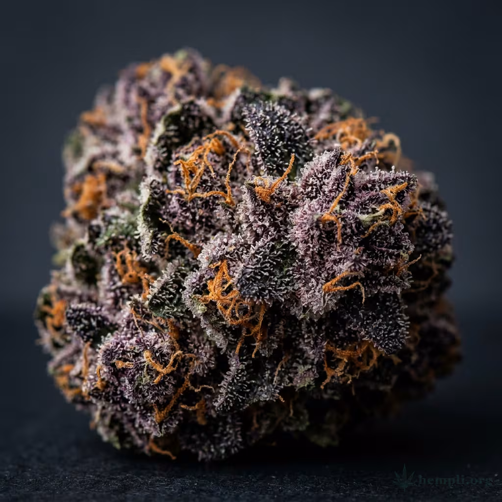 Nahaufnahme einer harzigen Grape Kush-Blüte mit dichten Trichomen und orangefarbenen Blütenstempeln