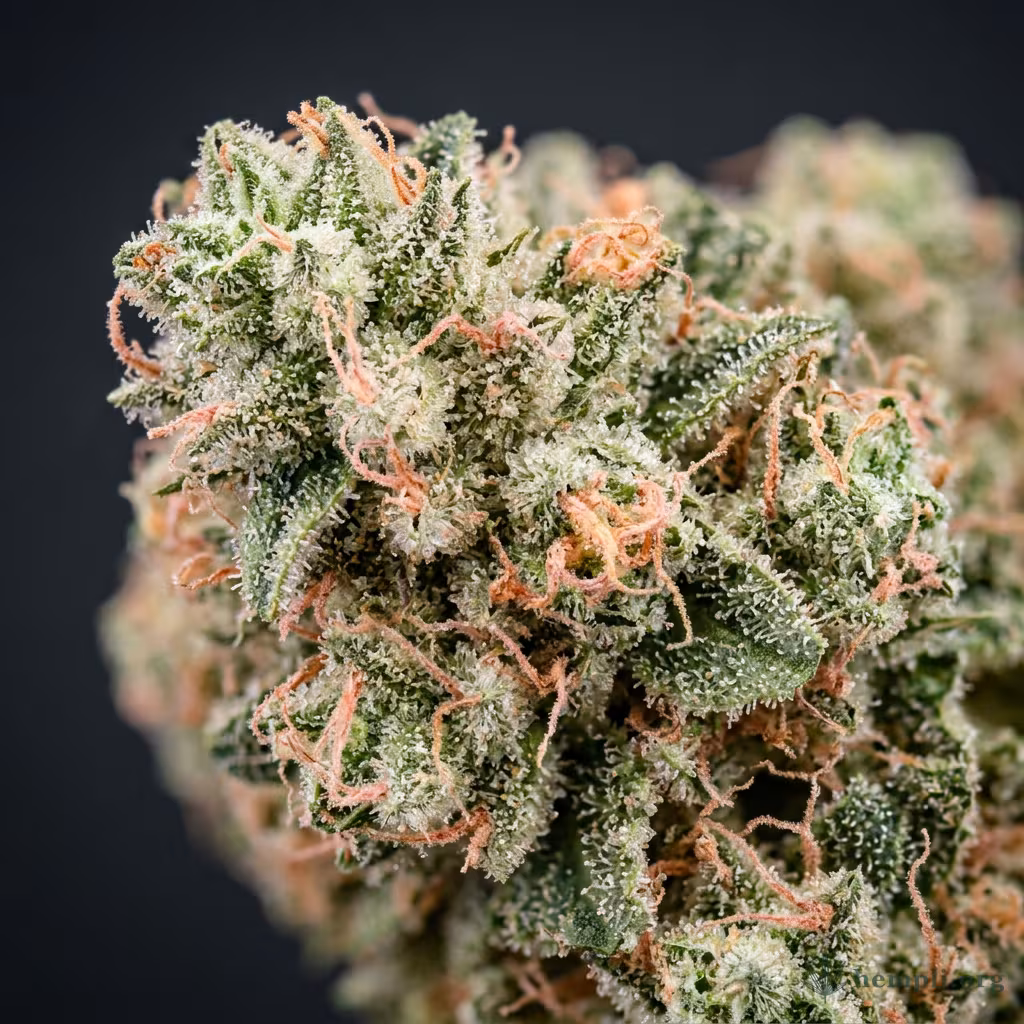 Nahaufnahme einer harzigen Grapefruit Diesel-Blüte mit dichten Trichomen und orangefarbenen Blütenstempeln