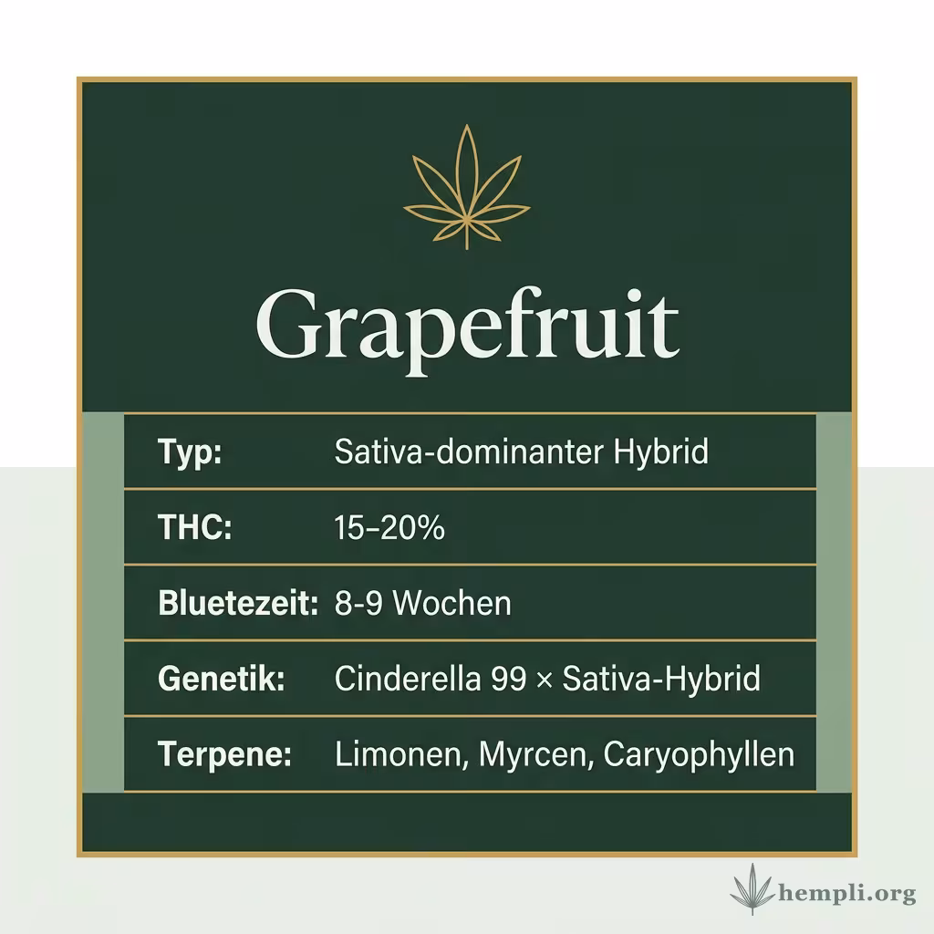 Infografik mit Grapefruit Key Facts: Typ Sativa-dominanter Hybrid, THC 15-20%, Bluetezeit 8-9 Wochen, Genetik Cinderella 99 × Sativa-Hybrid und Terpene Limonen, Myrcen, Caryophyllen