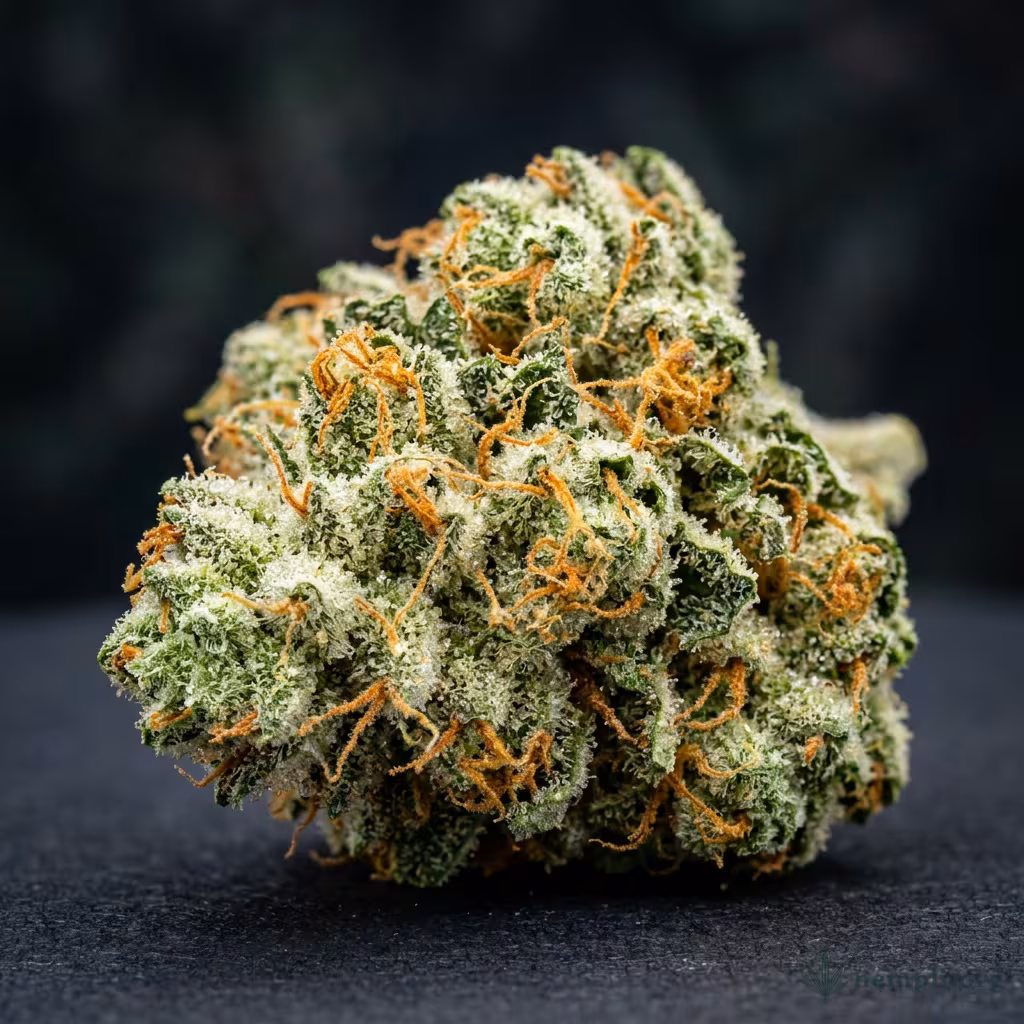 Nahaufnahme einer harzigen Green Crack Punch-Blüte mit dichten Trichomen und orangefarbenen Blütenstempeln