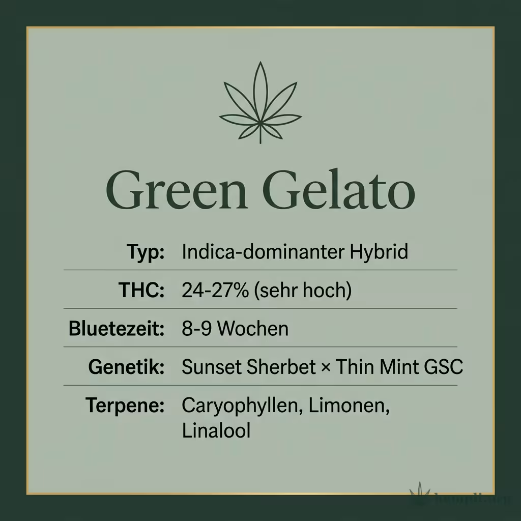Infografik mit Green Gelato Key Facts: Typ Indica-dominanter Hybrid, THC 24-27% (sehr hoch), Bluetezeit 8-9 Wochen, Genetik Sunset Sherbet × Thin Mint GSC und Terpene Caryophyllen, Limonen, Linalool