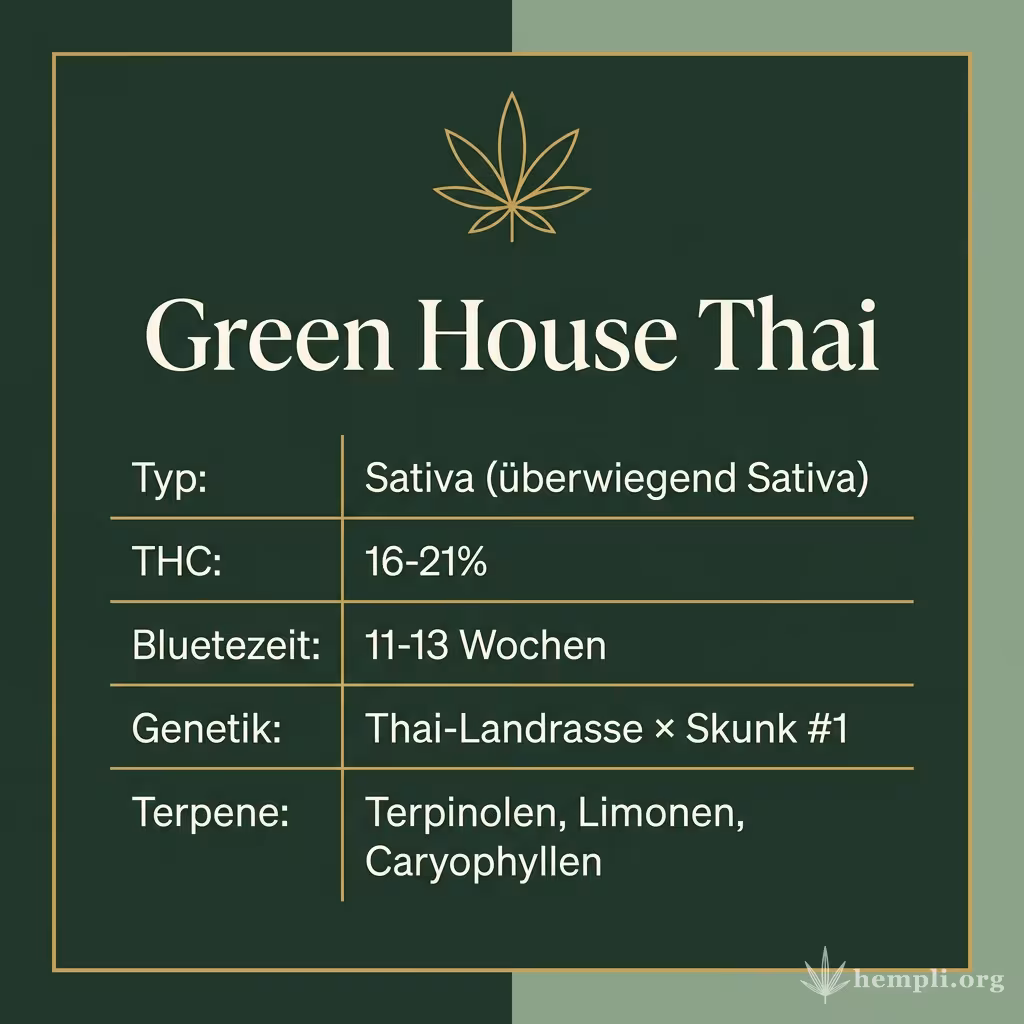 Infografik mit Green House Thai Key Facts: Typ Sativa (überwiegend Sativa), THC 16-21%, Bluetezeit 11-13 Wochen, Genetik Thai-Landrasse × Skunk #1 und Terpene Terpinolen, Limonen, Caryophyllen