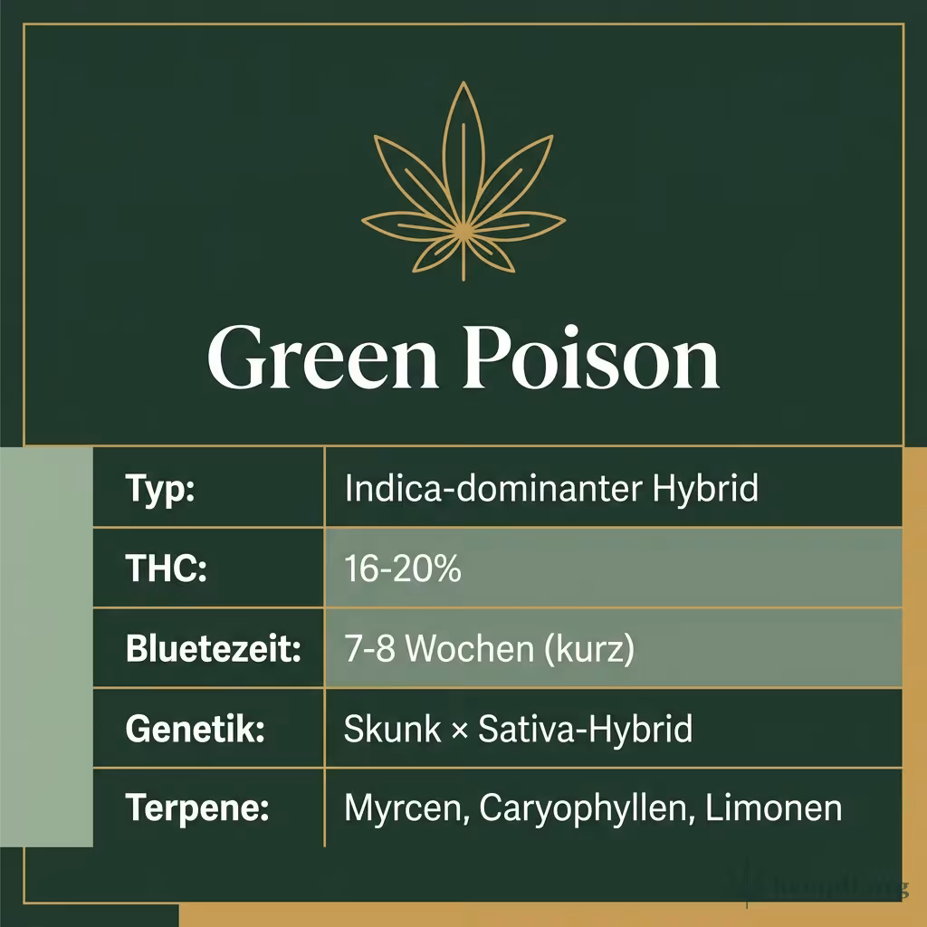 Infografik mit Green Poison Key Facts: Typ Indica-dominanter Hybrid, THC 16-20%, Bluetezeit 7-8 Wochen (kurz), Genetik Skunk × Sativa-Hybrid und Terpene Myrcen, Caryophyllen, Limonen