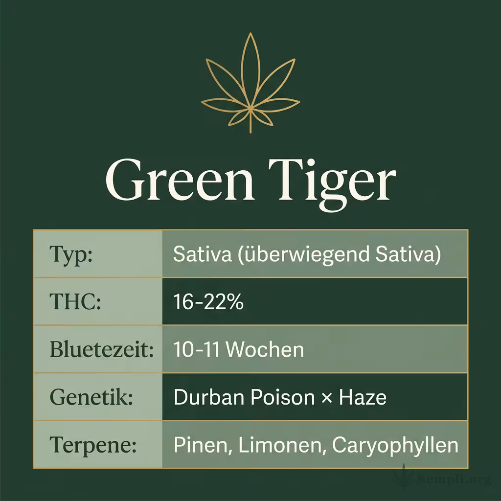 Infografik mit Green Tiger Key Facts: Typ Sativa (überwiegend Sativa), THC 16-22%, Bluetezeit 10-11 Wochen, Genetik Durban Poison × Haze und Terpene Pinen, Limonen, Caryophyllen