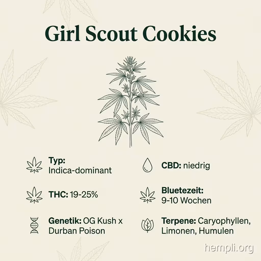 Infografik mit Girl-Scout-Cookies Key Facts: Typ Indica-dominant, THC 19-25%, Bluetezeit 9-10 Wochen, Genetik OG Kush x Durban Poison und Terpene Caryophyllen, Limonen, Humulen