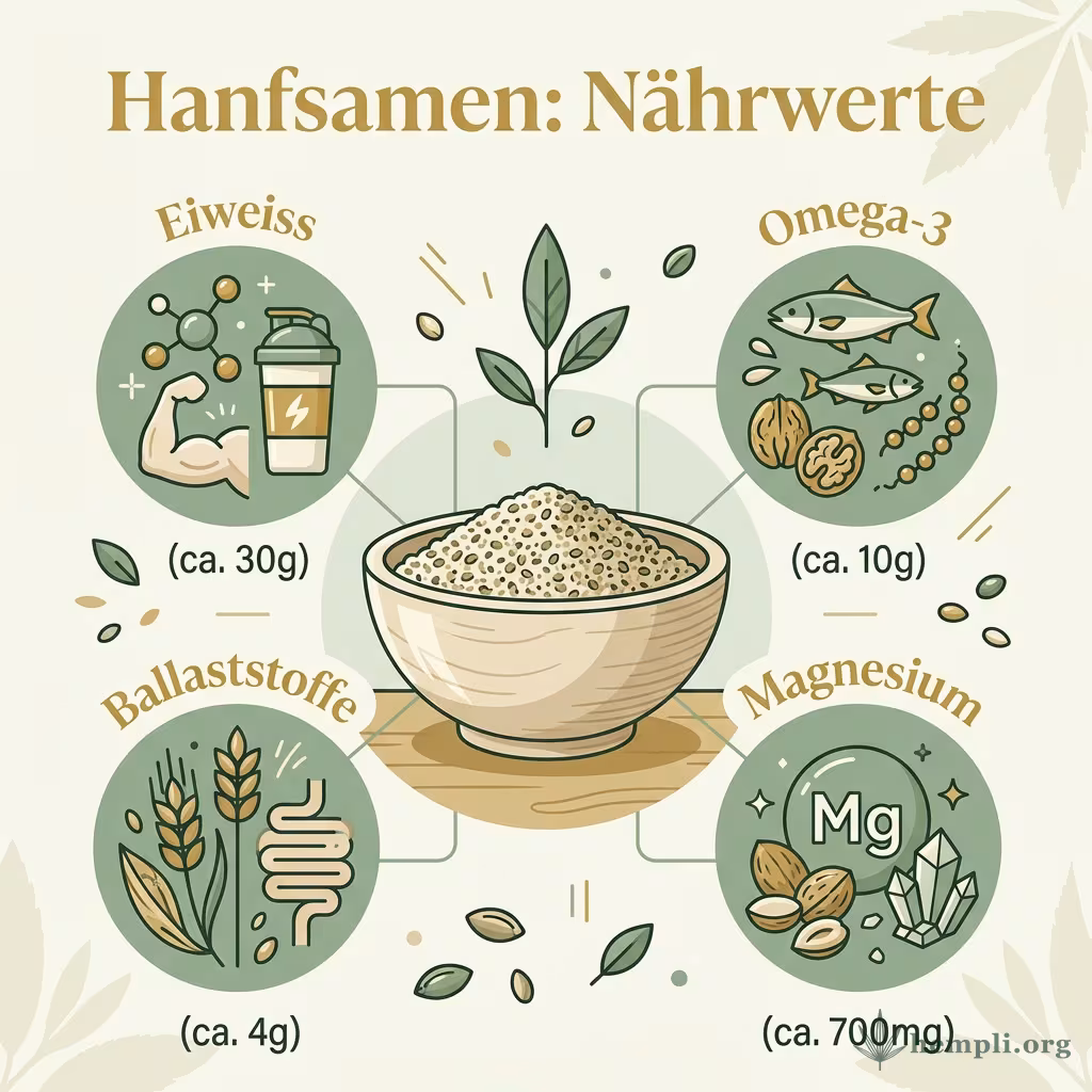 Infografik Nährwerte von Hanfsamen: Eiweiß, Omega-3, Ballaststoffe und Magnesium