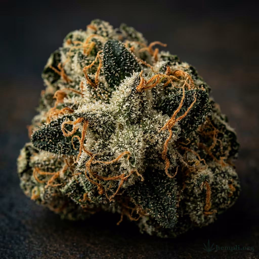 Nahaufnahme einer sehr harzigen, dunkelgrünen Hash-Plant-Blüte mit dichtem Trichombesatz und orangefarbenen Blütenstempeln