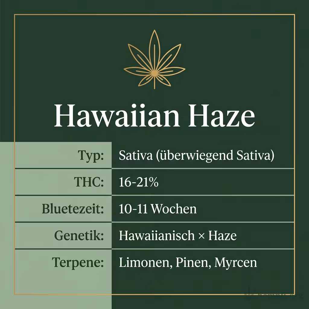 Infografik mit Hawaiian Haze Key Facts: Typ Sativa (überwiegend Sativa), THC 16-21%, Bluetezeit 10-11 Wochen, Genetik Hawaiianisch × Haze und Terpene Limonen, Pinen, Myrcen