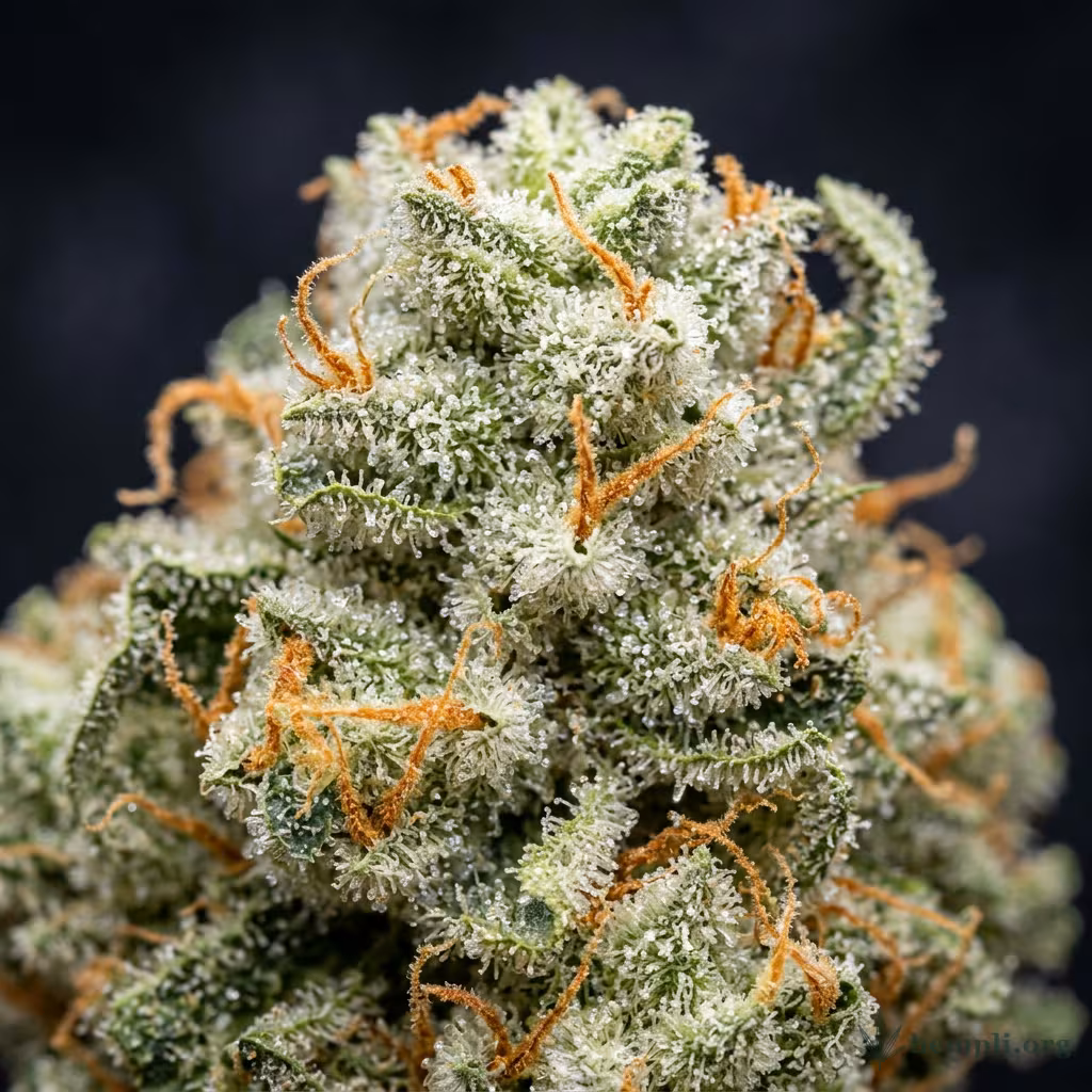 Nahaufnahme einer harzigen Hawaiian Snow-Blüte mit dichten Trichomen und orangefarbenen Blütenstempeln