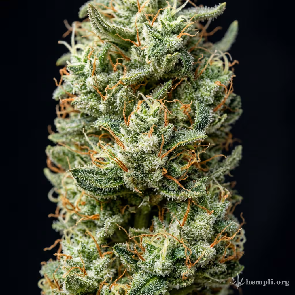 Nahaufnahme einer harzigen Haze 2.0 Autoflowering-Blüte mit dichten Trichomen und orangefarbenen Blütenstempeln