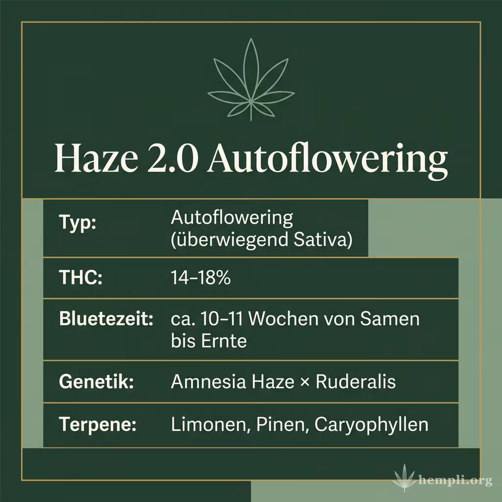 Infografik mit Haze 2.0 Autoflowering Key Facts: Typ Autoflowering (überwiegend Sativa), THC 14-18%, Bluetezeit ca. 10-11 Wochen von Samen bis Ernte, Genetik Amnesia Haze × Ruderalis und Terpene Limonen, Pinen, Caryophyllen
