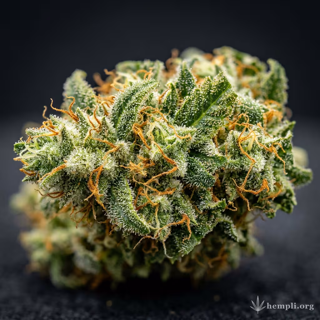 Nahaufnahme einer harzigen Haze XXL Autoflowering-Blüte mit dichten Trichomen und orangefarbenen Blütenstempeln