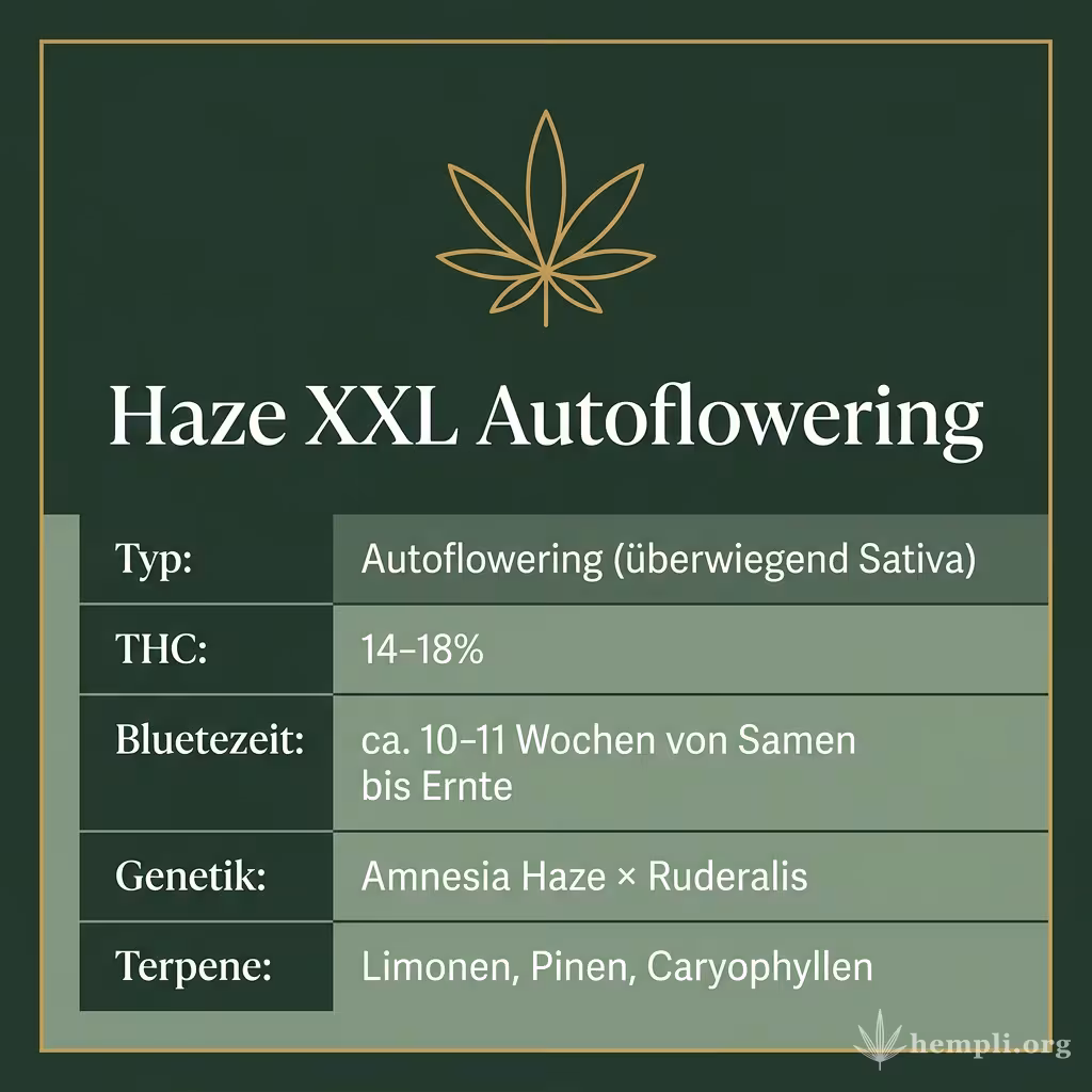 Infografik mit Haze XXL Autoflowering Key Facts: Typ Autoflowering (überwiegend Sativa), THC 14-18%, Bluetezeit ca. 10-11 Wochen von Samen bis Ernte, Genetik Amnesia Haze × Ruderalis und Terpene Limonen, Pinen, Caryophyllen