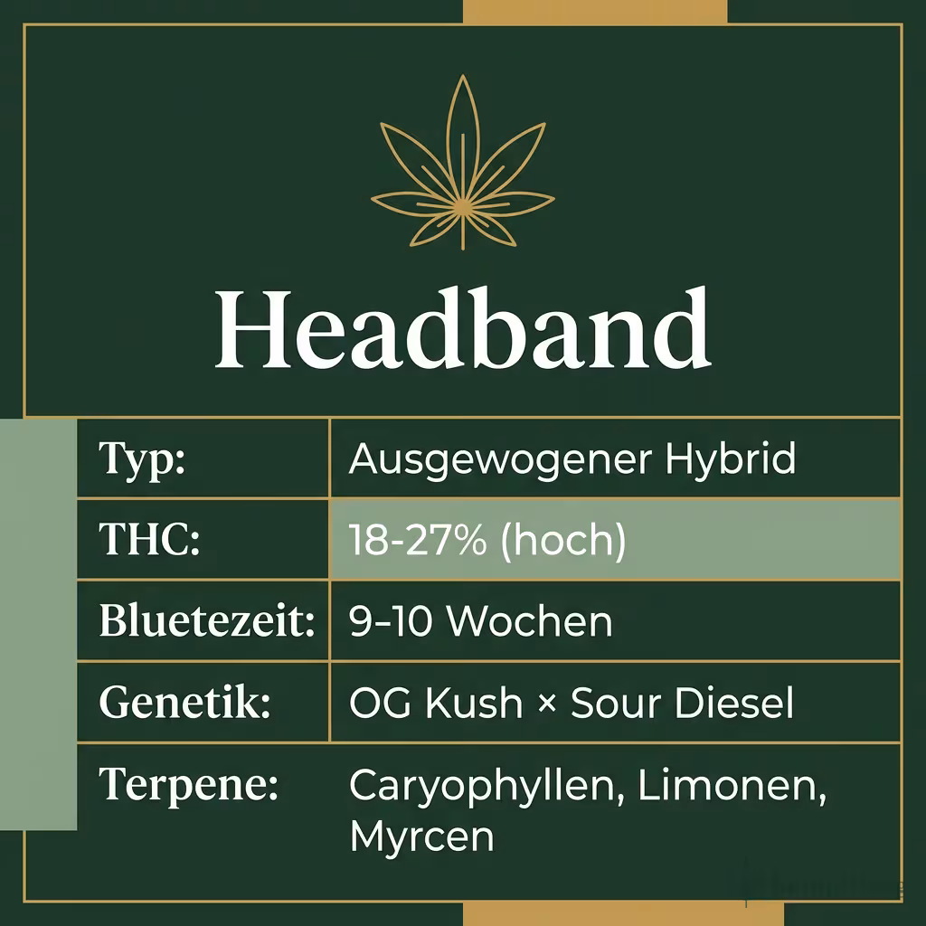 Infografik mit Headband Key Facts: Typ ausgewogener Hybrid, THC 18-27%, Bluetezeit 9-10 Wochen, Genetik OG Kush x Sour Diesel und Terpene Caryophyllen, Limonen, Myrcen