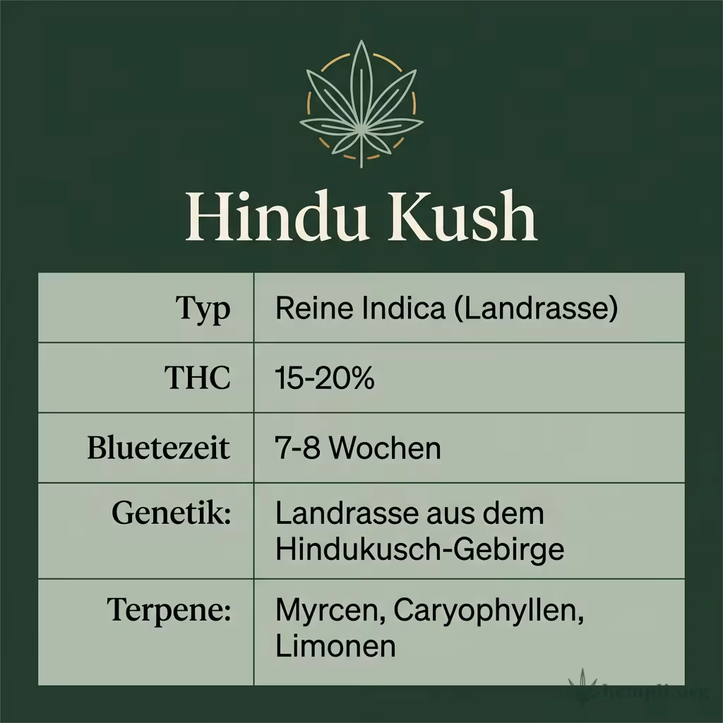 Infografik mit Hindu-Kush Key Facts: Typ reine Indica, THC 15-20%, Bluetezeit 7-8 Wochen, Genetik afghanisch-pakistanische Landrasse und Terpene Myrcen, Caryophyllen, Limonen