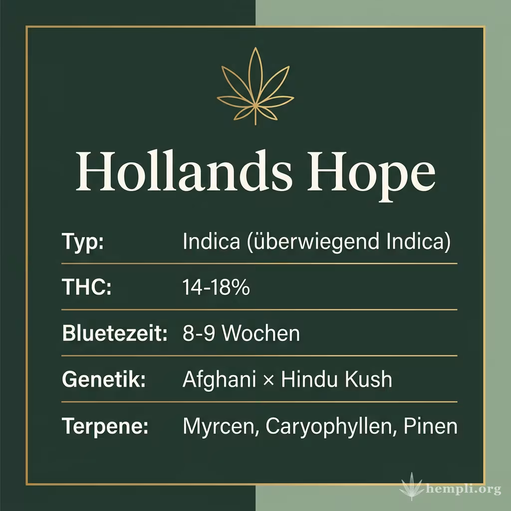Infografik mit Hollands Hope Key Facts: Typ Indica (überwiegend Indica), THC 14-18%, Bluetezeit 8-9 Wochen, Genetik Afghani × Hindu Kush und Terpene Myrcen, Caryophyllen, Pinen