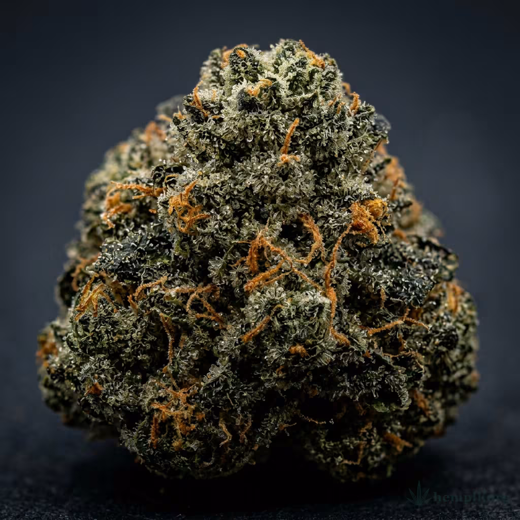 Nahaufnahme einer harzigen Holy Grail 69-Blüte mit dichten Trichomen und orangefarbenen Blütenstempeln