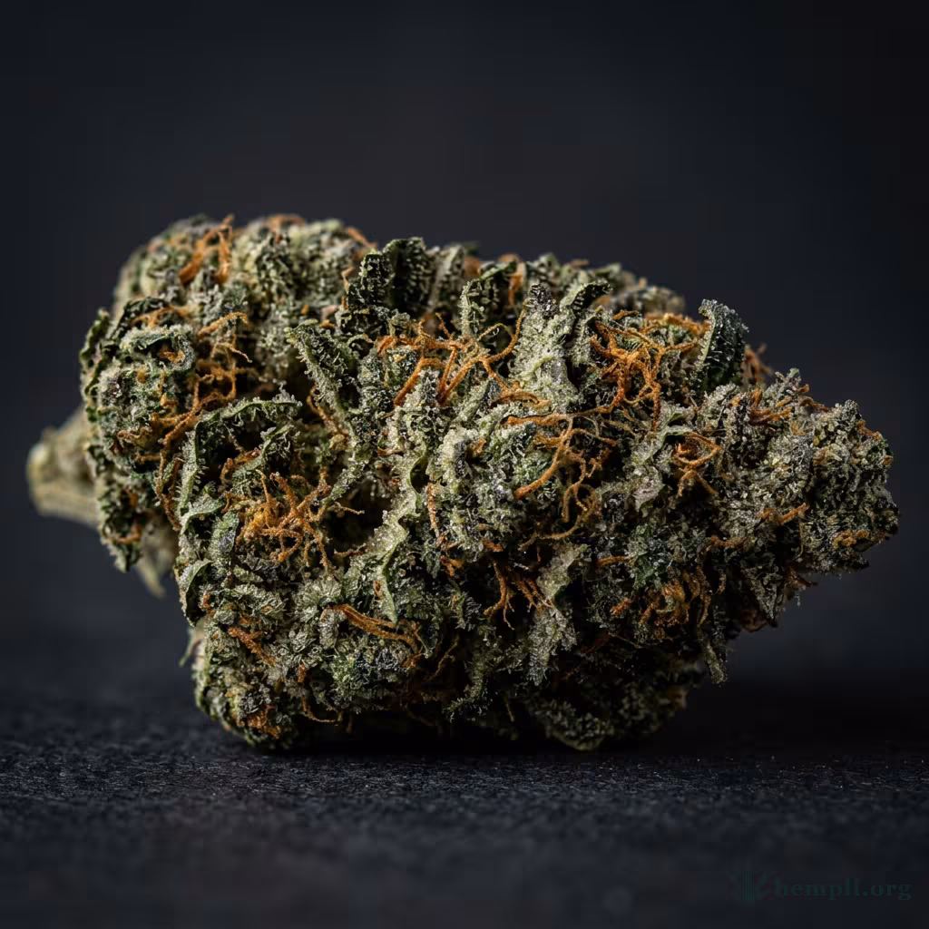 Nahaufnahme einer harzigen Holy Grail Kush-Blüte mit dichten Trichomen und orangefarbenen Blütenstempeln