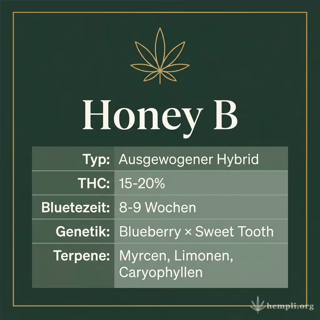 Infografik mit Honey B Key Facts: Typ Ausgewogener Hybrid, THC 15-20%, Bluetezeit 8-9 Wochen, Genetik Blueberry × Sweet Tooth und Terpene Myrcen, Limonen, Caryophyllen