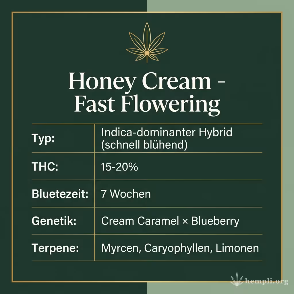 Infografik mit Honey Cream - Fast Flowering Key Facts: Typ Indica-dominanter Hybrid (schnell blühend), THC 15-20%, Bluetezeit 7 Wochen, Genetik Cream Caramel × Blueberry und Terpene Myrcen, Caryophyllen, Limonen