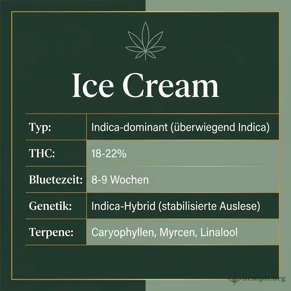 Infografik mit Ice Cream Key Facts: Typ Indica-dominant (überwiegend Indica), THC 18-22%, Bluetezeit 8-9 Wochen, Genetik Indica-Hybrid (stabilisierte Auslese) und Terpene Caryophyllen, Myrcen, Linalool
