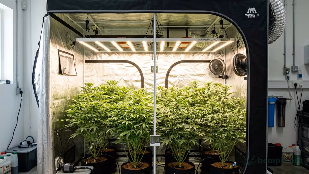 Geöffnetes Indoor-Growzelt mit gesunden Cannabis-Pflanzen unter LED-Licht und sichtbarer Lüftungstechnik