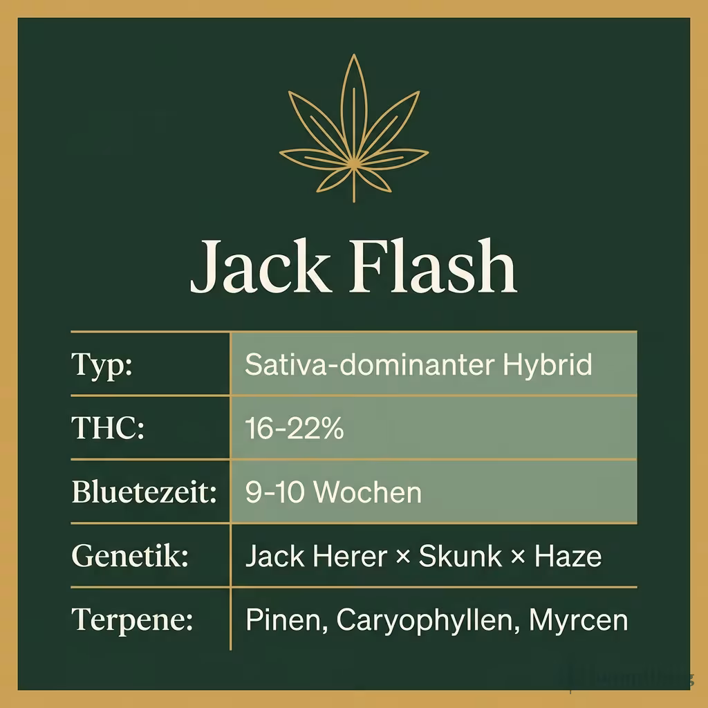 Infografik mit Jack Flash Key Facts: Typ Sativa-dominanter Hybrid, THC 16-22%, Bluetezeit 9-10 Wochen, Genetik Jack Herer × Skunk × Haze und Terpene Pinen, Caryophyllen, Myrcen