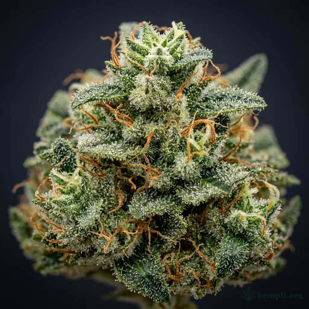Nahaufnahme einer harzigen, hellgrünen Jack-Herer-Blüte mit dichten Trichomen und orangefarbenen Blütenstempeln