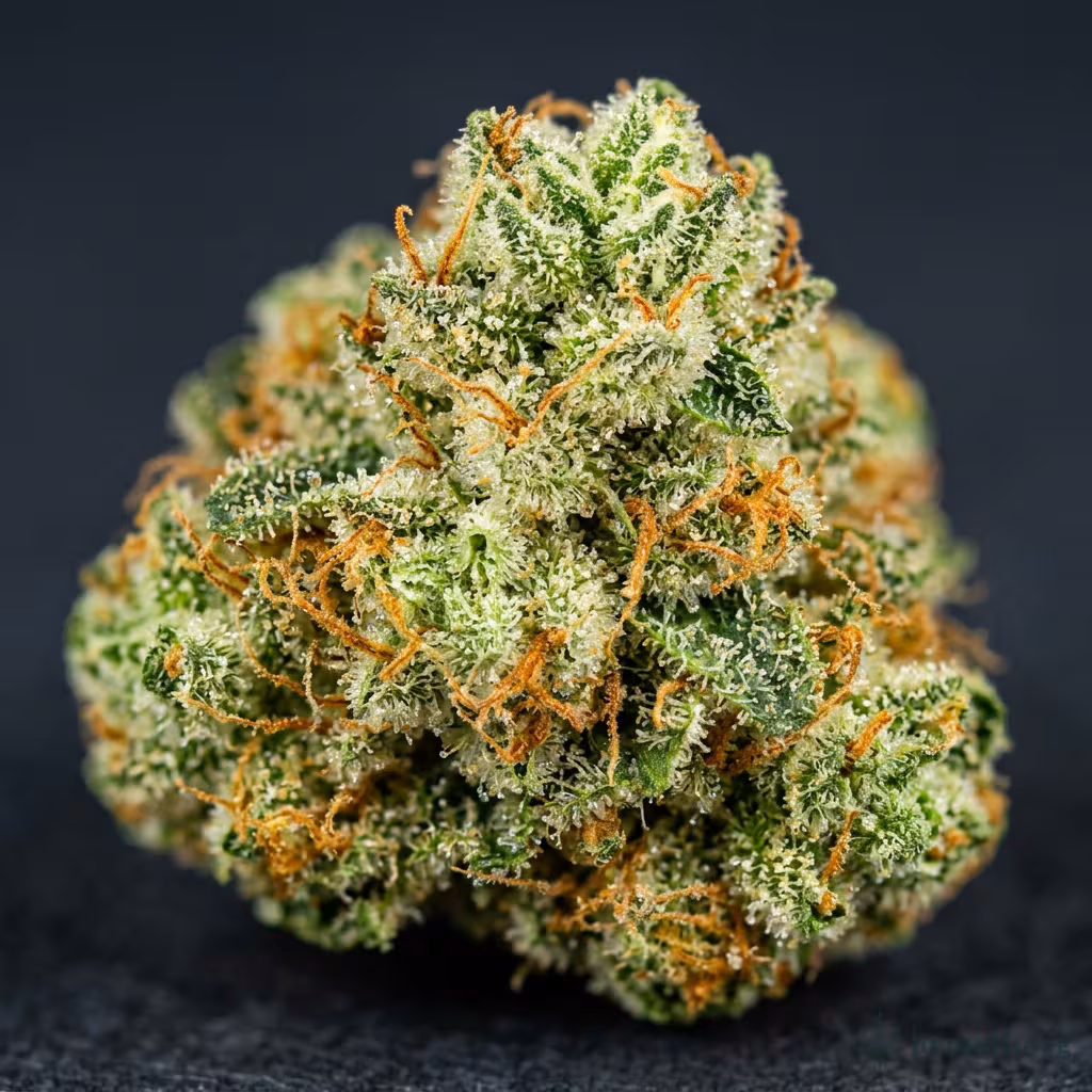 Nahaufnahme einer harzigen Jack the Ripper-Blüte mit dichten Trichomen und orangefarbenen Blütenstempeln