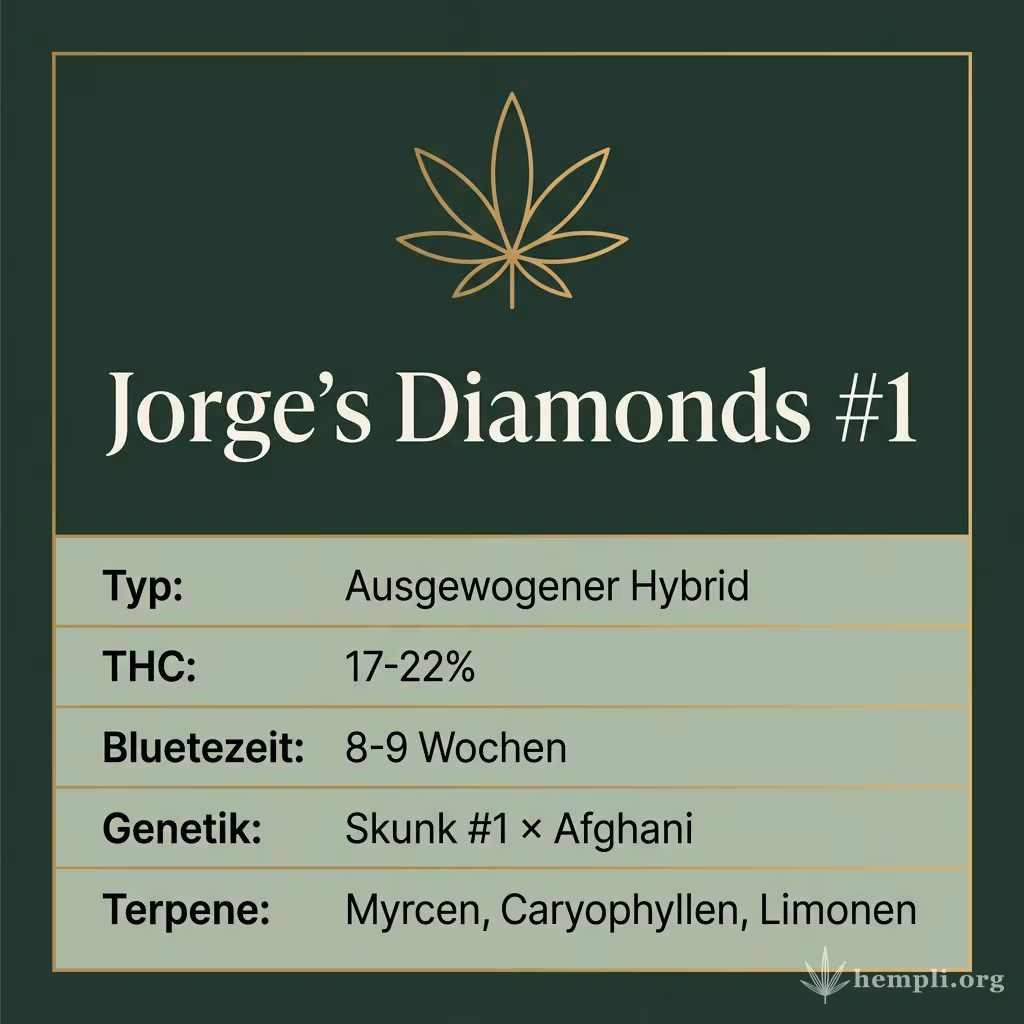 Infografik mit Jorge's Diamonds #1 Key Facts: Typ Ausgewogener Hybrid, THC 17-22%, Bluetezeit 8-9 Wochen, Genetik Skunk #1 × Afghani und Terpene Myrcen, Caryophyllen, Limonen