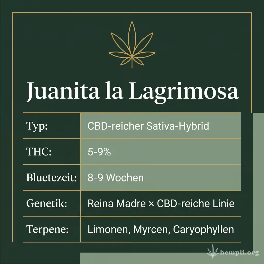 Infografik mit Juanita la Lagrimosa Key Facts: Typ CBD-reicher Sativa-Hybrid, THC 5-9%, Bluetezeit 8-9 Wochen, Genetik Reina Madre × CBD-reiche Linie und Terpene Limonen, Myrcen, Caryophyllen