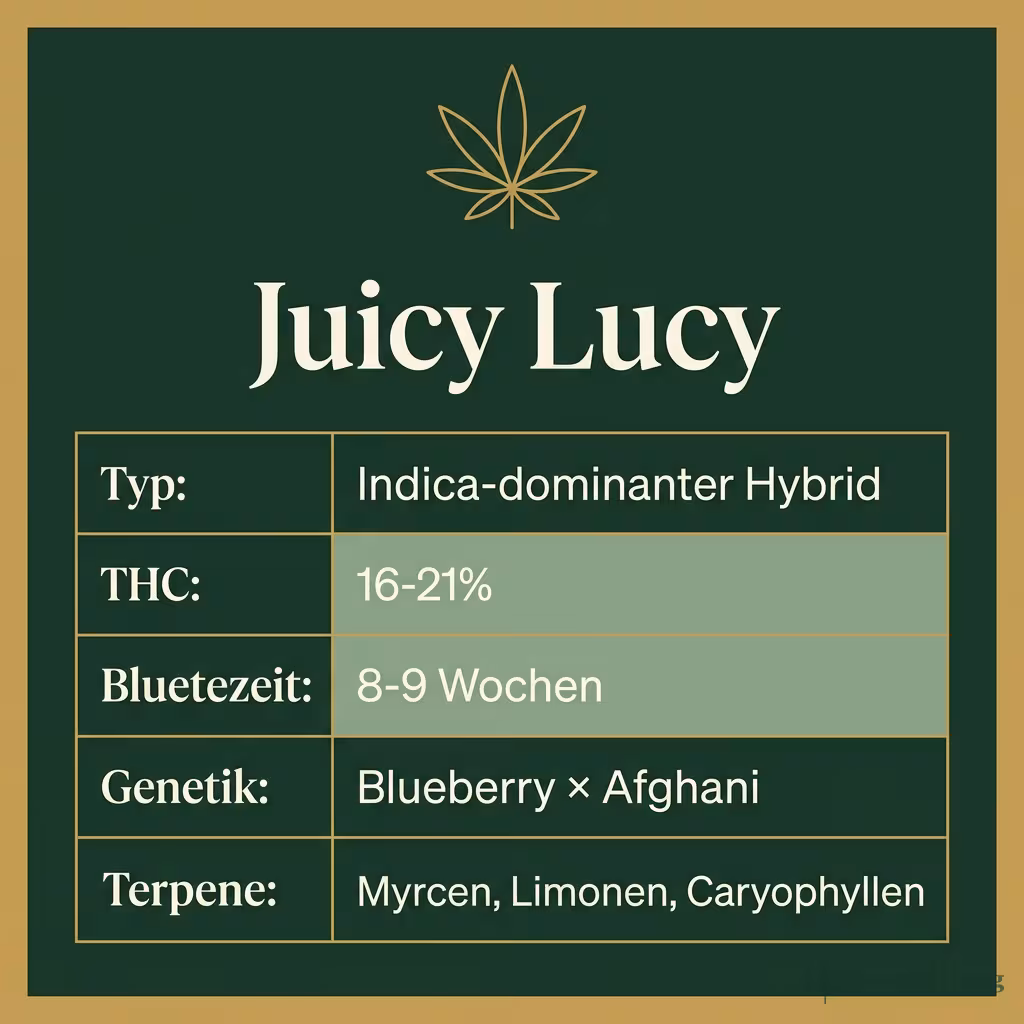 Infografik mit Juicy Lucy Key Facts: Typ Indica-dominanter Hybrid, THC 16-21%, Bluetezeit 8-9 Wochen, Genetik Blueberry × Afghani und Terpene Myrcen, Limonen, Caryophyllen