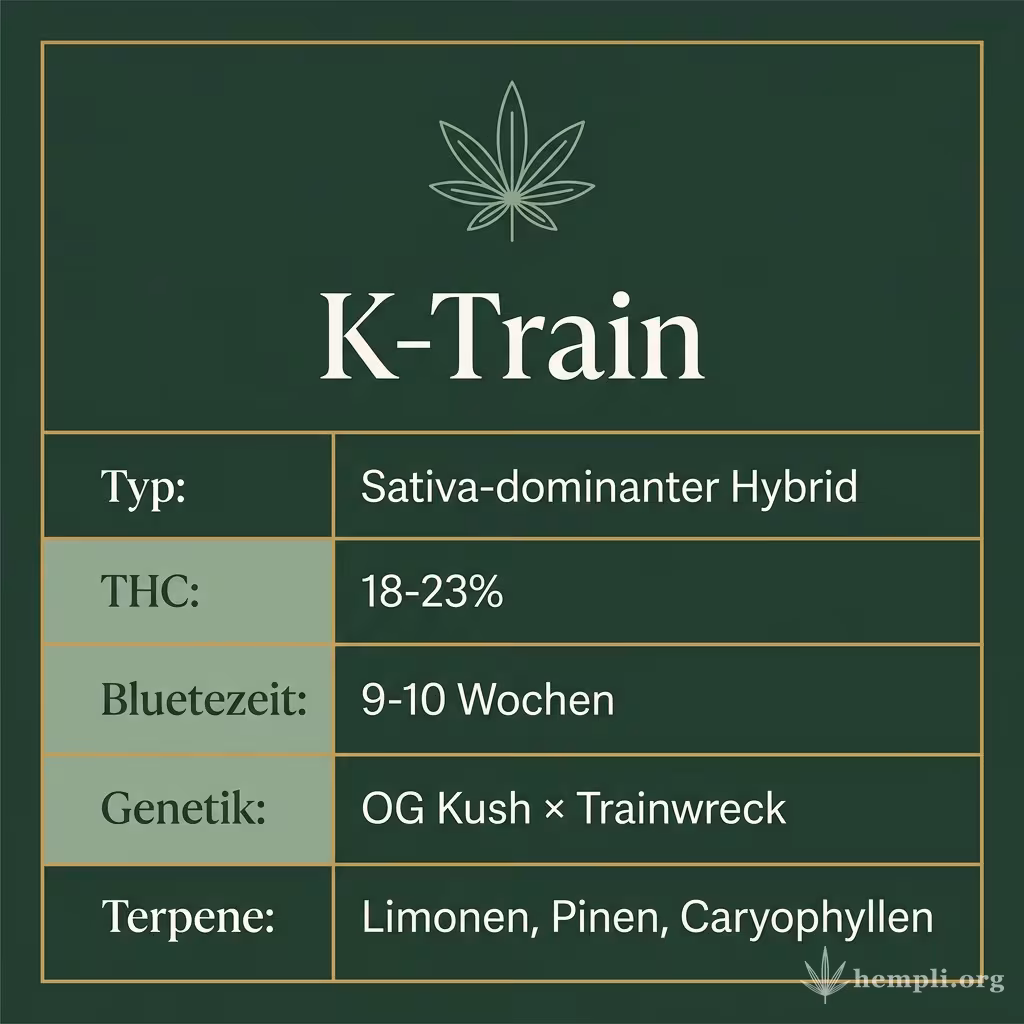 Infografik mit K-Train Key Facts: Typ Sativa-dominanter Hybrid, THC 18-23%, Bluetezeit 9-10 Wochen, Genetik OG Kush × Trainwreck und Terpene Limonen, Pinen, Caryophyllen