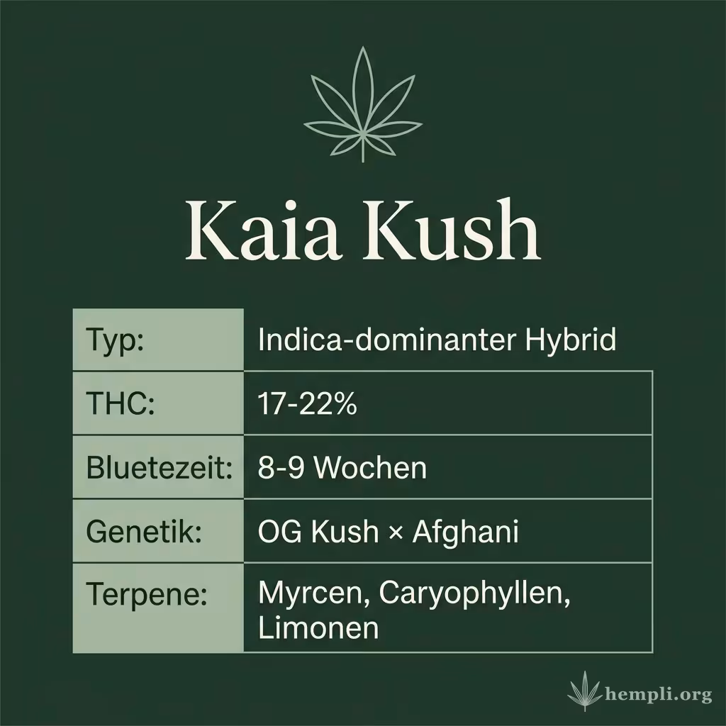 Infografik mit Kaia Kush Key Facts: Typ Indica-dominanter Hybrid, THC 17-22%, Bluetezeit 8-9 Wochen, Genetik OG Kush × Afghani und Terpene Myrcen, Caryophyllen, Limonen