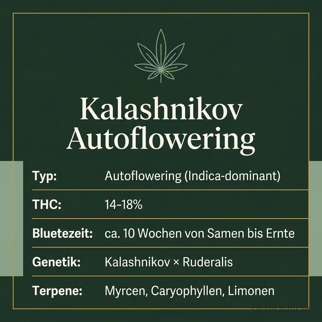 Infografik mit Kalashnikov Autoflowering Key Facts: Typ Autoflowering (Indica-dominant), THC 14-18%, Bluetezeit ca. 10 Wochen von Samen bis Ernte, Genetik Kalashnikov × Ruderalis und Terpene Myrcen, Caryophyllen, Limonen