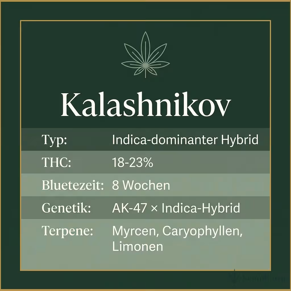 Infografik mit Kalashnikov Key Facts: Typ Indica-dominanter Hybrid, THC 18-23%, Bluetezeit 8 Wochen, Genetik AK-47 × Indica-Hybrid und Terpene Myrcen, Caryophyllen, Limonen