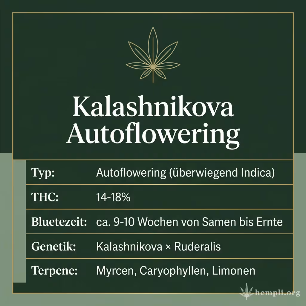 Infografik mit Kalashnikova Autoflowering Key Facts: Typ Autoflowering (überwiegend Indica), THC 14-18%, Bluetezeit ca. 9-10 Wochen von Samen bis Ernte, Genetik Kalashnikova × Ruderalis und Terpene Myrcen, Caryophyllen, Limonen