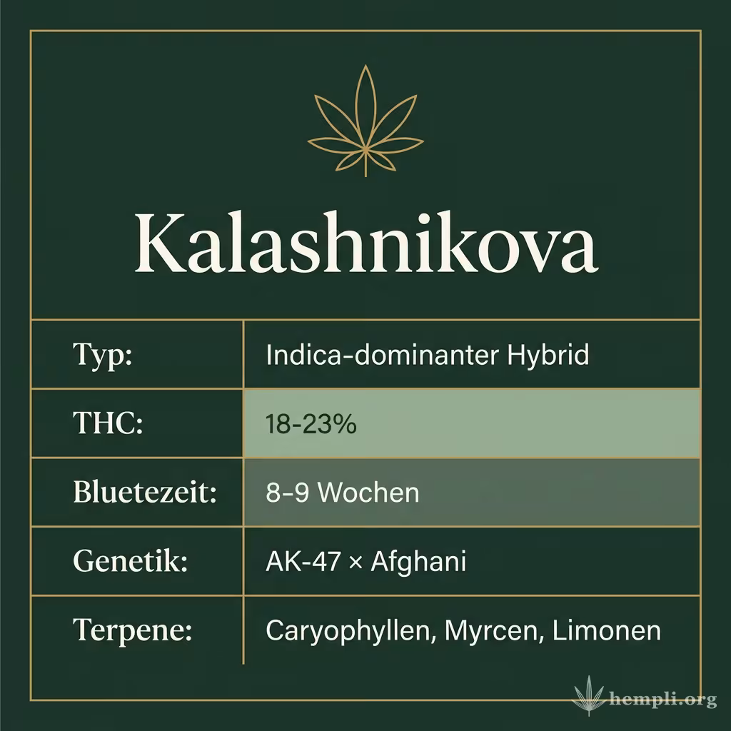 Infografik mit Kalashnikova Key Facts: Typ Indica-dominanter Hybrid, THC 18-23%, Bluetezeit 8-9 Wochen, Genetik AK-47 × Afghani und Terpene Caryophyllen, Myrcen, Limonen