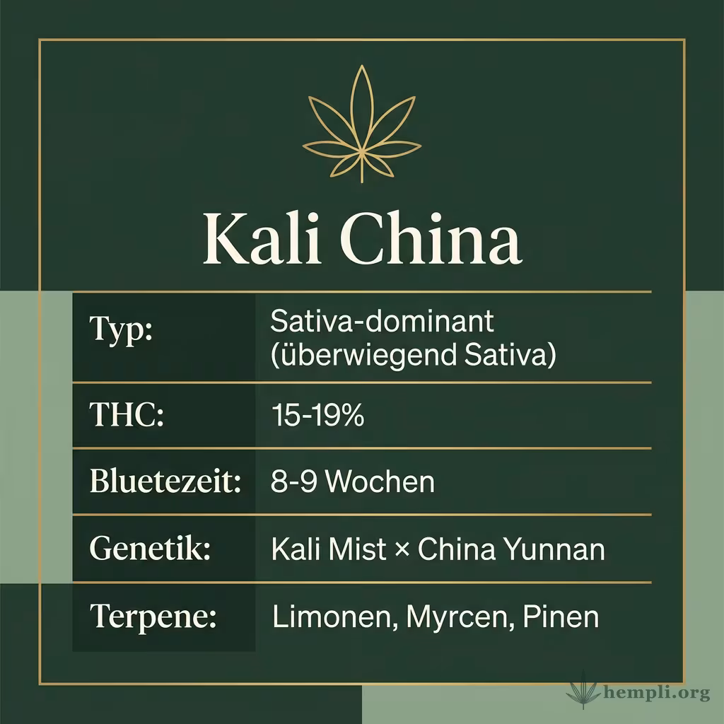 Infografik mit Kali China Key Facts: Typ Sativa-dominant (überwiegend Sativa), THC 15-19%, Bluetezeit 8-9 Wochen, Genetik Kali Mist × China Yunnan und Terpene Limonen, Myrcen, Pinen