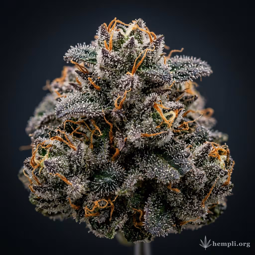 Nahaufnahme einer harzigen King's Kush Autoflowering-Blüte mit dichten Trichomen und orangefarbenen Blütenstempeln