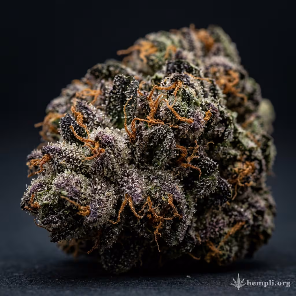 Nahaufnahme einer harzigen King's Kush-Blüte mit dichten Trichomen und orangefarbenen Blütenstempeln