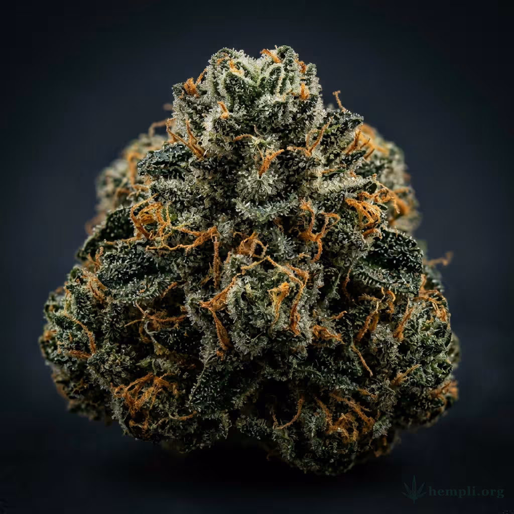 Nahaufnahme einer dichten, harzigen Kosher-Kush-Blüte mit dunkelgrünen Tönen und orangefarbenen Blütenstempeln