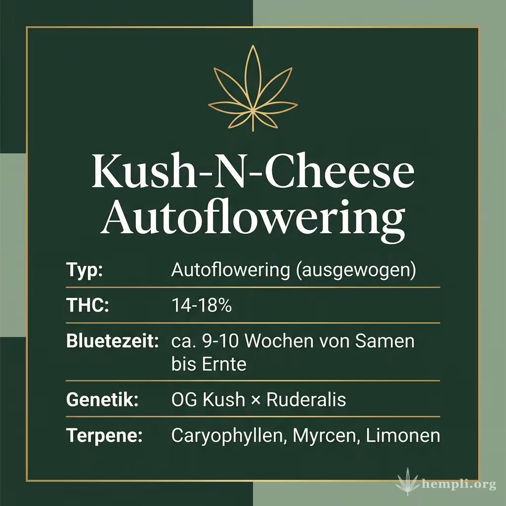 Infografik mit Kush-N-Cheese Autoflowering Key Facts: Typ Autoflowering (ausgewogen), THC 14-18%, Bluetezeit ca. 9-10 Wochen von Samen bis Ernte, Genetik OG Kush × Ruderalis und Terpene Caryophyllen, Myrcen, Limonen