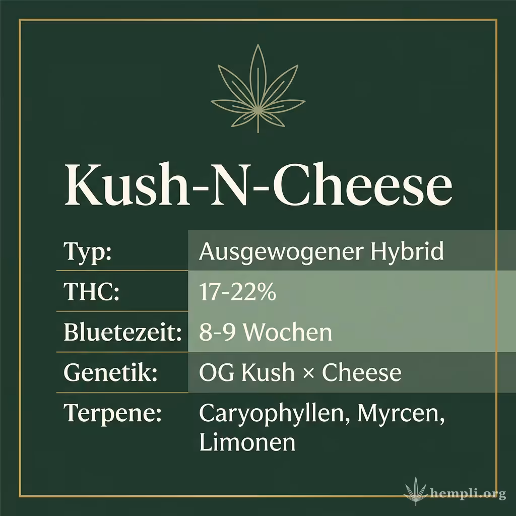 Infografik mit Kush-N-Cheese Key Facts: Typ Ausgewogener Hybrid, THC 17-22%, Bluetezeit 8-9 Wochen, Genetik OG Kush × Cheese und Terpene Caryophyllen, Myrcen, Limonen